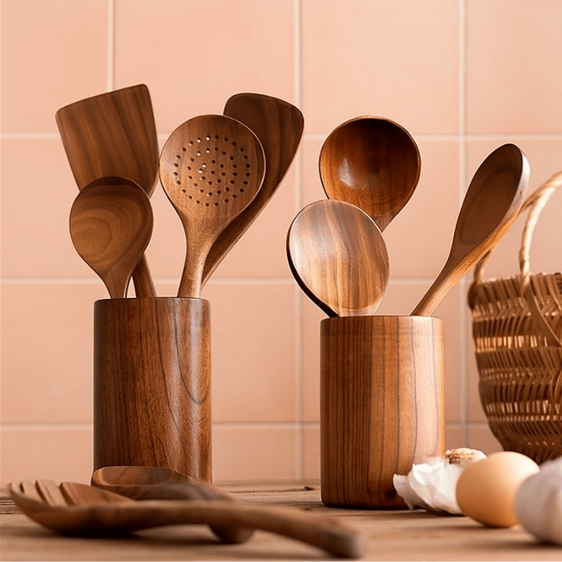 PurePrep™ Teak Wood Utensil Holder & Spoon Rest Set