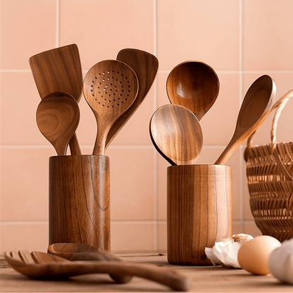PurePrep™ Teak Wood Utensil Holder & Spoon Rest Set