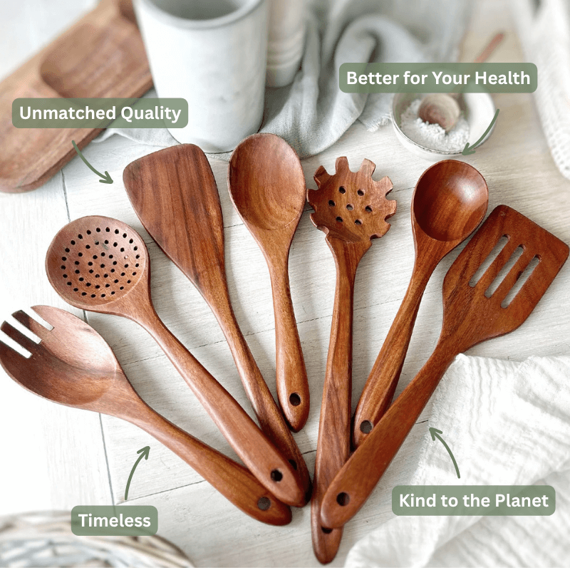 PurePrep™ Premium Teak Wood Utensils | 7-Piece Non-Toxic Set