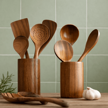 PurePrep™ Premium Teak Wood Utensil Holder & Spoon Rest Set